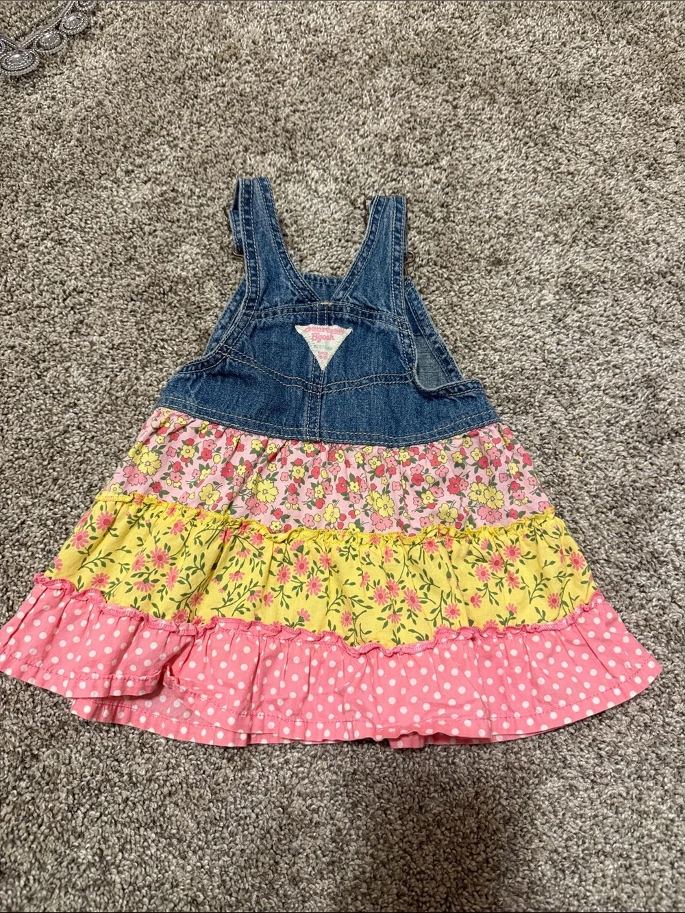 Girls Denim Overall Skirt with Pink and Yellow Floral Tiered Skirt